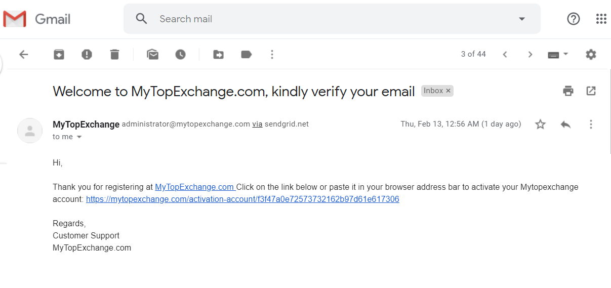 MyTopExchange activation e-mail