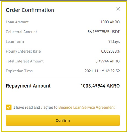 binance loan order confirmation